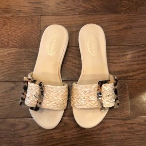 Scoop sandals with tortoise shell buckle